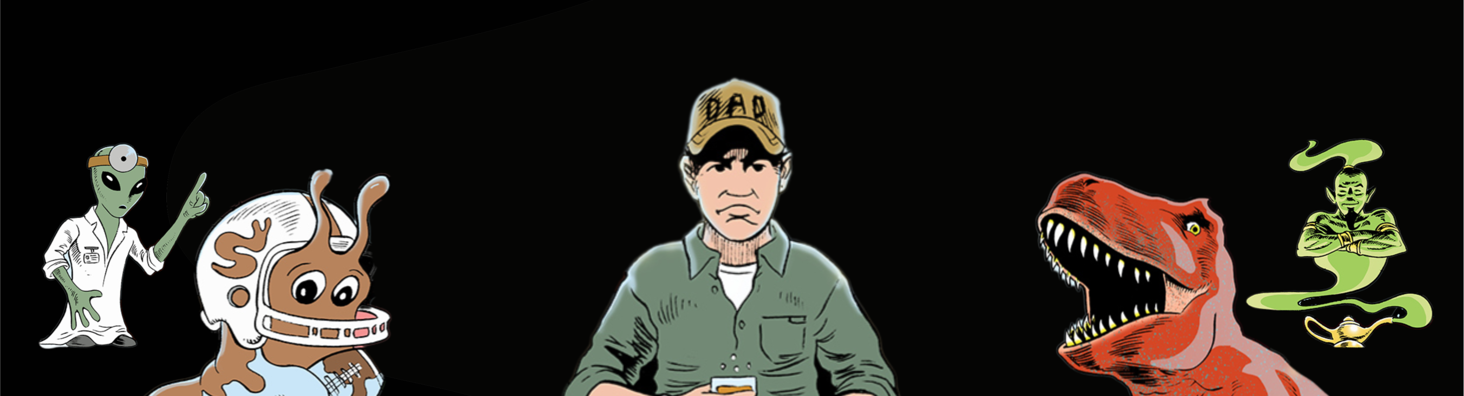 Dad sits on dark background surrounded by doctor alien, snail quarterback, t-rex, and genie